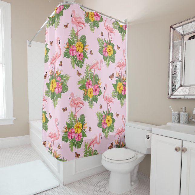 Cortina De Ducha Flamingo y mariposas 1 (In situ)