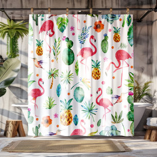 Cortina De Ducha Flamingos Cactus & Pineapple Seamless Pattern