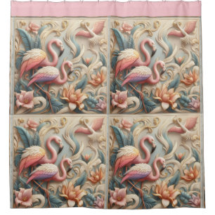 Cortina De Ducha Flamingos rosados Art Nouveau contra patrón floral