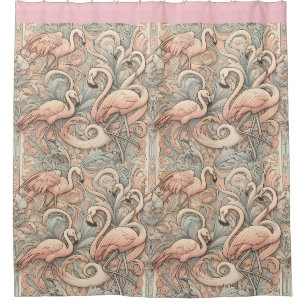 Cortina De Ducha Flamingos rosados Art Nouveau contra patrón floral
