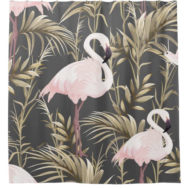 Cortina De Ducha Flamingos y Oro: Elegancia tropical rosa. (Anverso)