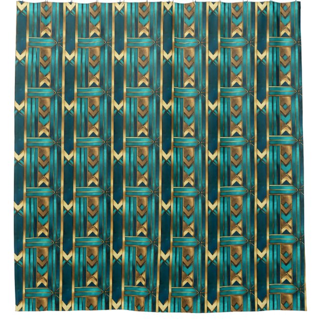 Cortina De Ducha Flechas geométricas Art Deco, oro y turquesa (Anverso)