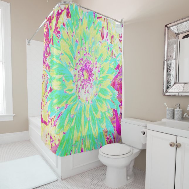 Cortina De Ducha Flor Dahlia decorativa amarillo y magenta (In situ)