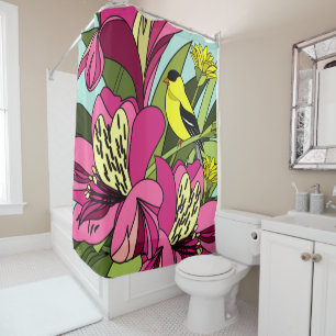 Cortina De Ducha Flor De Alstroemeria Y Ave Goldfinch