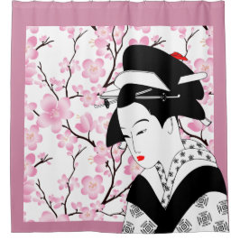 Cortina De Ducha flor de cerezo geisha japonesa rosa negro