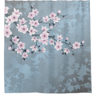 Cortina De Ducha Flor de cerezo Polvo Rosa Azul