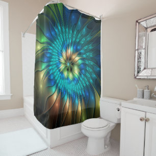 Cortina De Ducha Flor de fantasía luminosa, fractal abstracto color