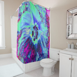 Cortina De Ducha Flor de hibiscus verde y azul psicodélico retro