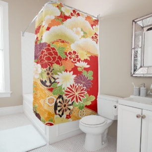 Cortina De Ducha Flor floral de kimono kimonés blanco rojo antiguo