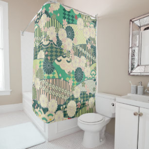 Cortina De Ducha Flor floral de kimono kimono verde antiguo