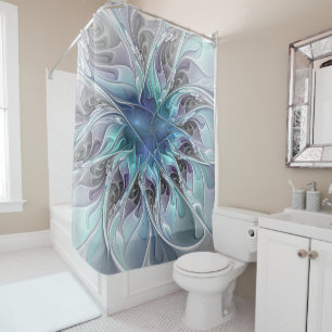 Cortina De Ducha Flor Fractal Moderna Con Azul