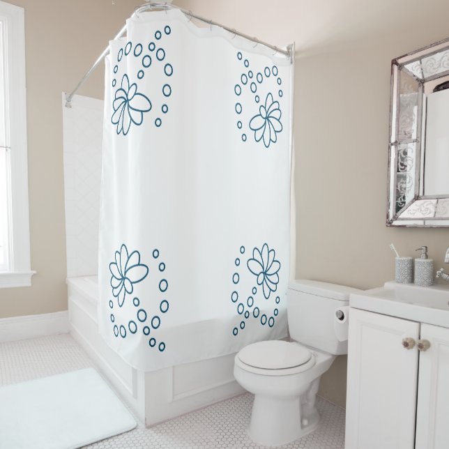 Cortina De Ducha Flor oceánica azul y blanca moderna (In situ)