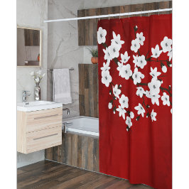 Cortina De Ducha Flor Oriental de Flor de Cerezo Blanca Roja