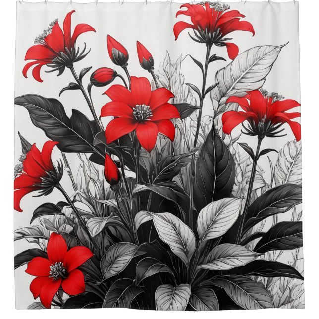 Cortina De Ducha Flor Roja Sobre La Planta Blanca Negra (Anverso)