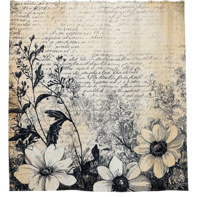 Cortina De Ducha Flor y caligrafía rusas - Papel marrón envejecido  (Anverso)