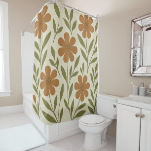 Cortina de ducha floral beige y naranja