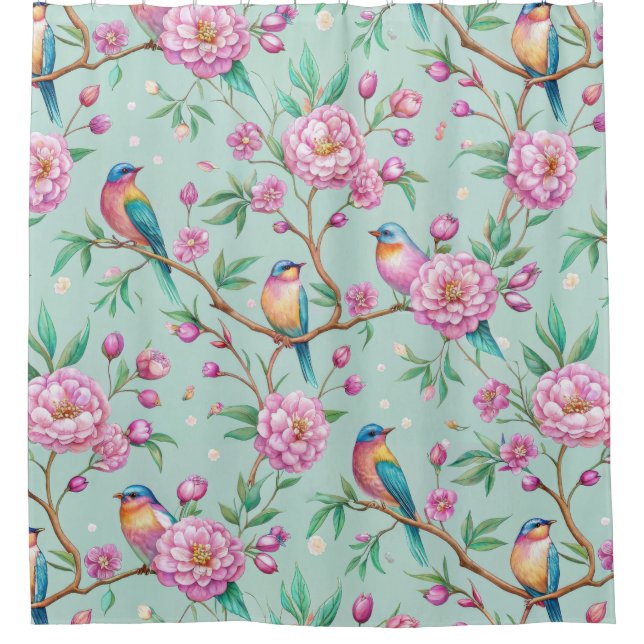 Cortina De Ducha Floral Birds Pattern on Mint Background (1) (Anverso)