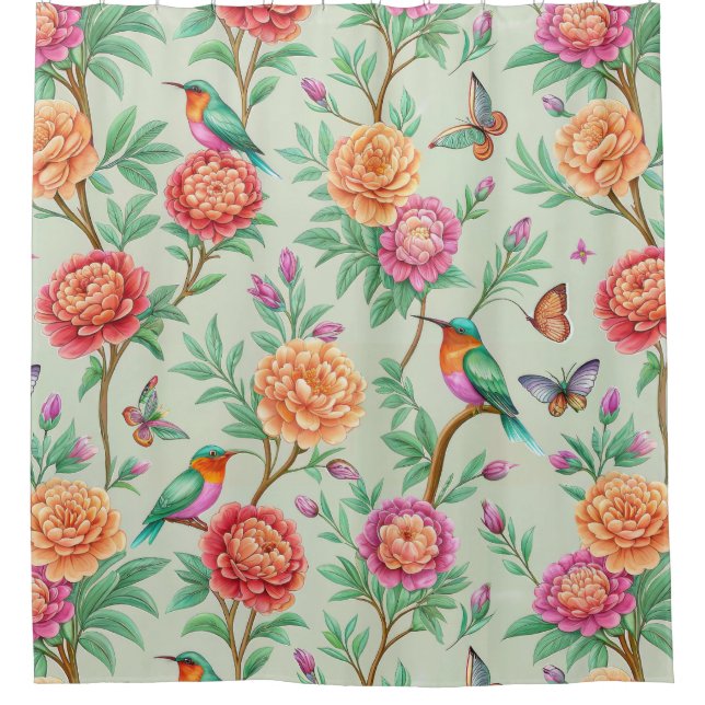 Cortina De Ducha Floral Birds Pattern on Mint Background (11) (Anverso)