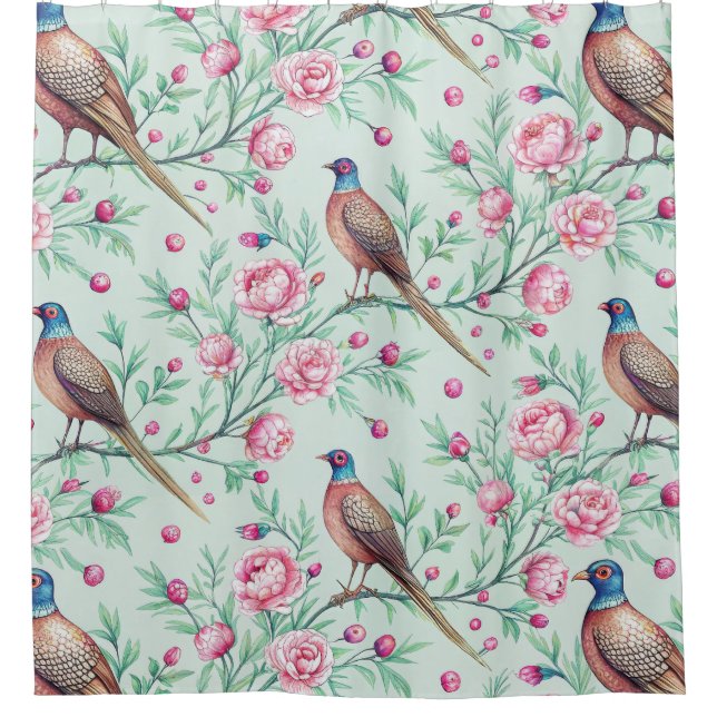 Cortina De Ducha Floral Birds Pattern on Mint Background (2) (Anverso)