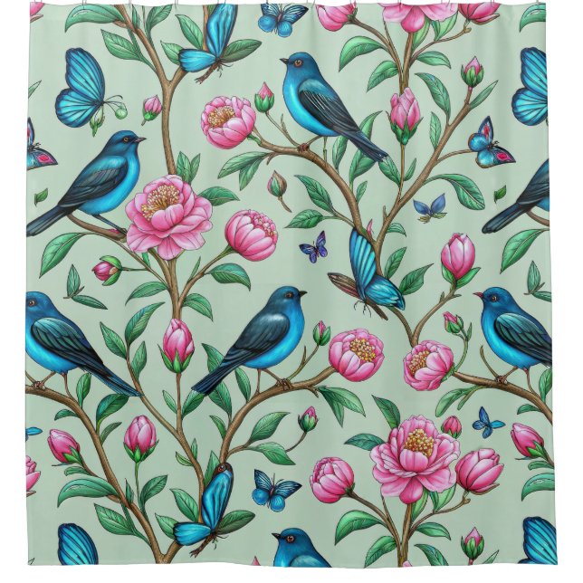 Cortina De Ducha Floral Birds Pattern on Mint Background (4) (Anverso)