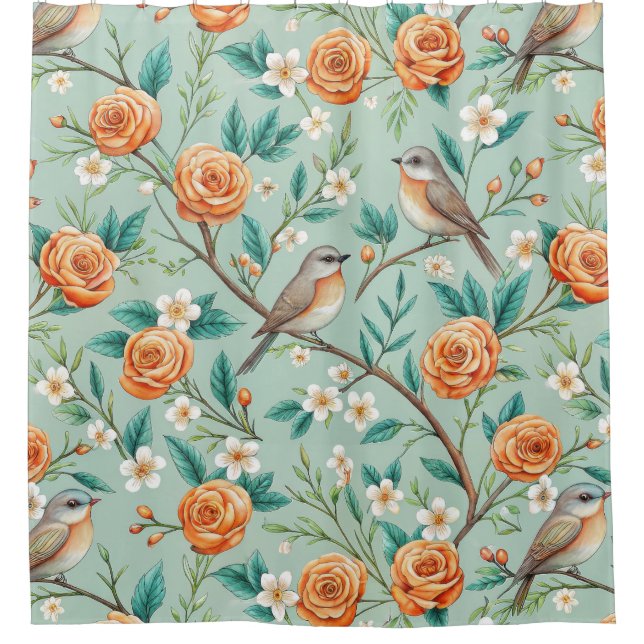 Cortina De Ducha Floral Birds Pattern on Mint Background (6) (Anverso)