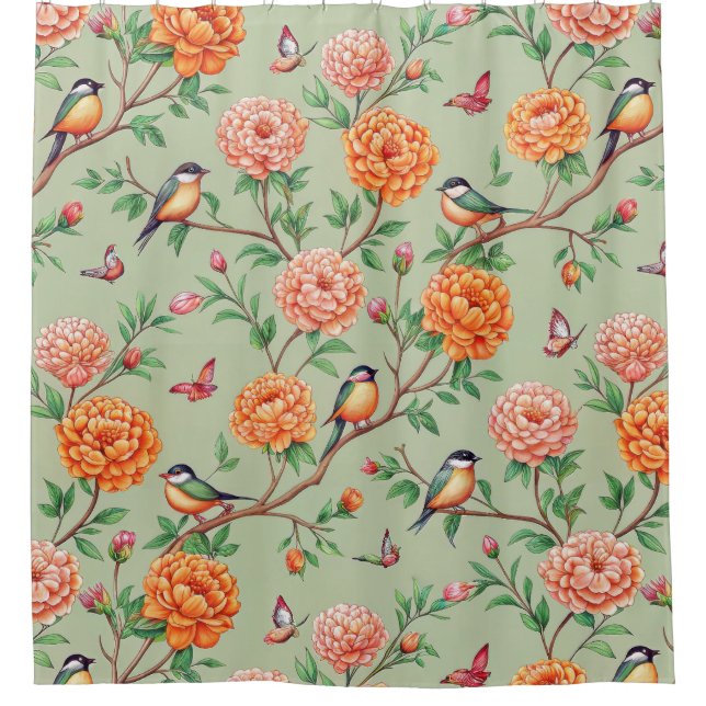 Cortina De Ducha Floral Birds Pattern on Mint Background (7) (Anverso)