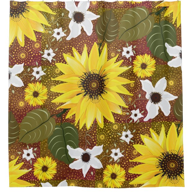 Cortina De Ducha Floral bohemiana de girasol (Anverso)