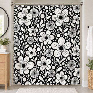Cortina De Ducha Floral caprichoso en negro y blanco