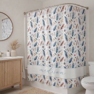 Cortina de ducha floral con plumas boho personaliz