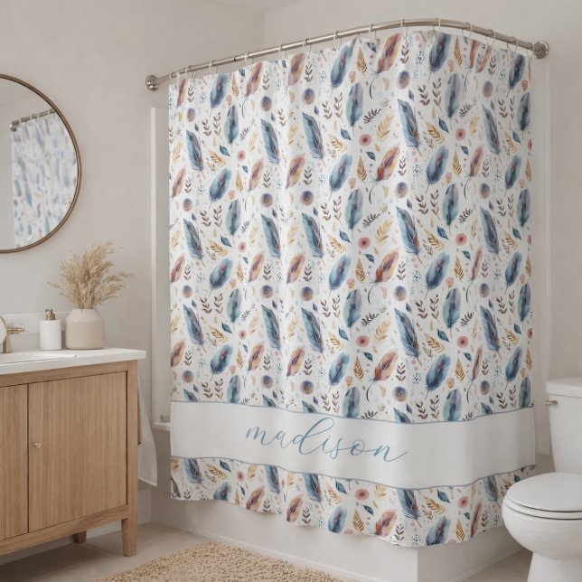 Cortina de ducha floral con plumas boho personaliz (Subido por el creador)