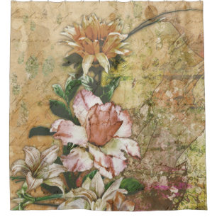 Cortina de ducha floral de época gris