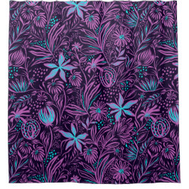 Cortina De Ducha Floral de la isla morada y azul