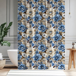 Cortina de ducha floral de marfil azul sofisticada