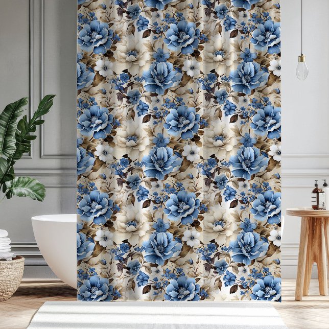 Cortina de ducha floral de marfil azul sofisticada (Sophisticated Blue Ivory Floral Shower Curtain Decor)