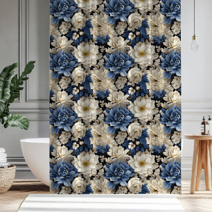 Cortina de ducha floral de marfil blanco azul prem