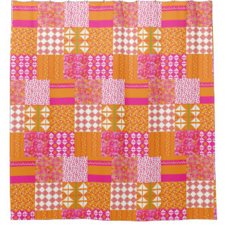 Cortina de ducha floral de patchwork rosa y naranj