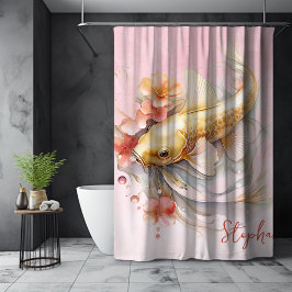 Cortina De Ducha Floral de pescado Gold Koi color de agua rosa pers
