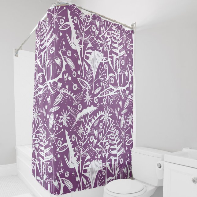 Cortina De Ducha Floral de púrpura y blanca botánica (Purple and white botanical pattern shower curtain)