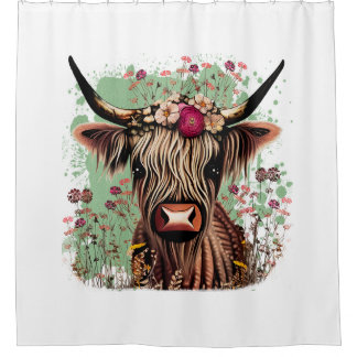Cortina de ducha floral de vaca Highland