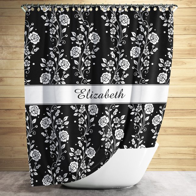 Cortina De Ducha Floral Elegante En Blanco Y Negro (Elegant Black And White Floral Shower Curtain)