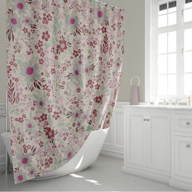 Cortina De Ducha Floral En Magenta Gris Y Rosa (Ditsy Floral In Gray And Magenta Textured Shower Curtain by Jenn Steffen for Studio Posies.)