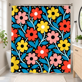 Cortina De Ducha Floral Folk Moderno Negro