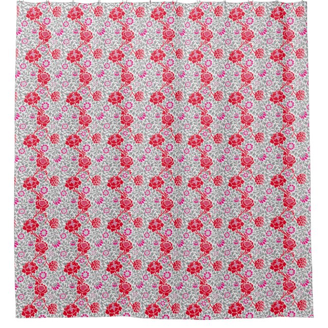 Cortina De Ducha Floral jacobea, rojo profundo, rosa y gris (Anverso)