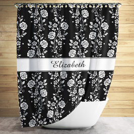 Cortina De Ducha Floral Negro Y Blanco Elegante
