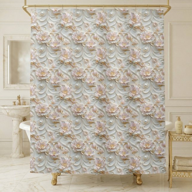 Cortina De Ducha Floral Ornate  (elegant luxury pearl white pale pink floral shower curtain)