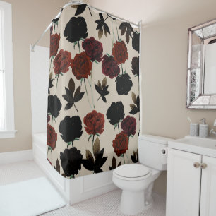 Cortina De Ducha Floral oscuro negrita rojo y beige negro botánico