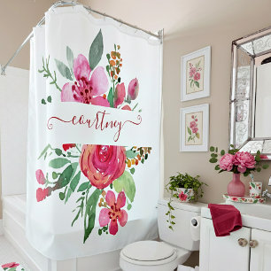 Cortina De Ducha Floral personalizado con acuarela rosa