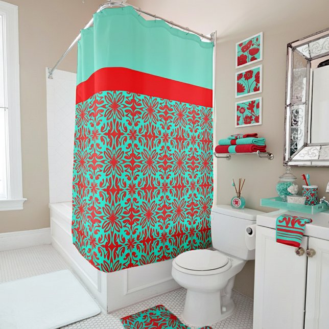 Cortina De Ducha Floral rojo y azul turquesa (Subido por el creador)