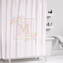 Cortina De Ducha Floral Rosa Sonrojada Inicial Personalizada