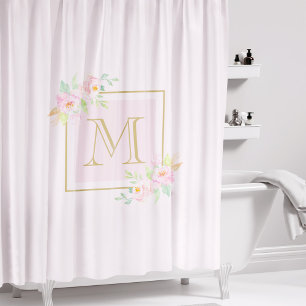 Cortina De Ducha Floral Rosa Sonrojada Inicial Personalizada